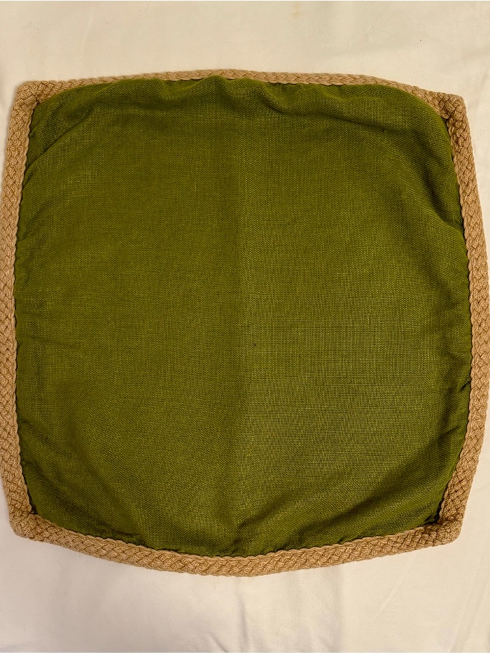Pottery Barn Olive Green Square Accent Pillow with tan jute braided trim.